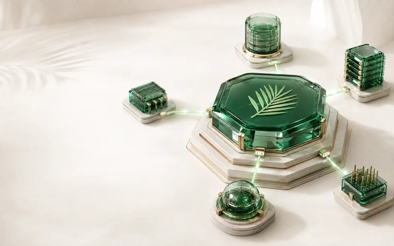 Emerald glass Palm Proxy infrastructure hub connected to five network nodes